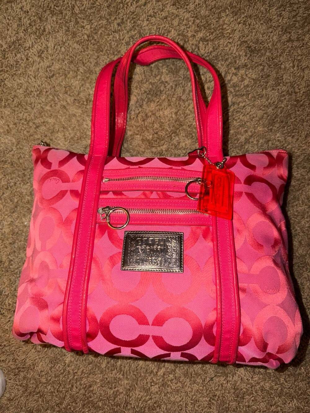 Coach Poppy Op Art Glam Candy Pink Jacquard Tote Handbag 13826